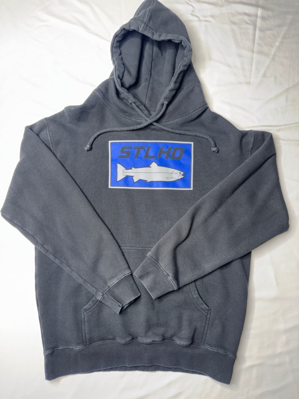 STLHD Steelhead Box Logo Pullover Hoodie Faded Black Large Fishing AS-IS